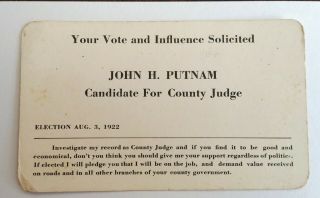 1922 John H Putnam County Judge Political Campaign Card Bledsoe County Tn