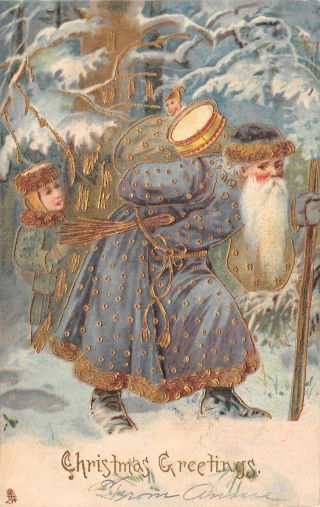 Christmas Holiday Blue Suited Santa Claus Krampus Tuck Embossed Postcard 1906