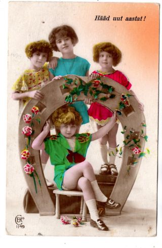 1925 Girls Huge Horse Shoe Year Christmas Antique Postcard Estonia W Stamp