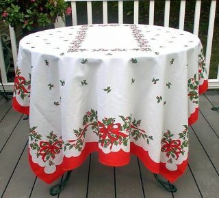 Vintage Christmas Tablecloth Green Red Holly Ribbons