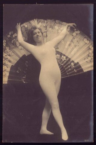 Erotic Edwardian Woman Bodystocking Pose W/fan 1900s Old Photo Postcard France