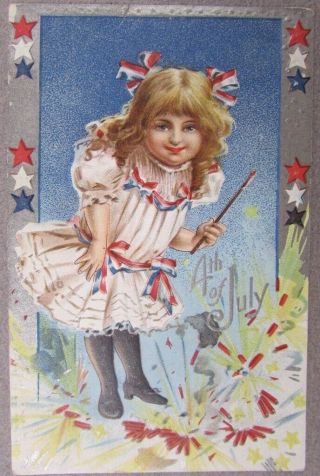 July 4th Embossed Post Card Young Girl With Firecrackers