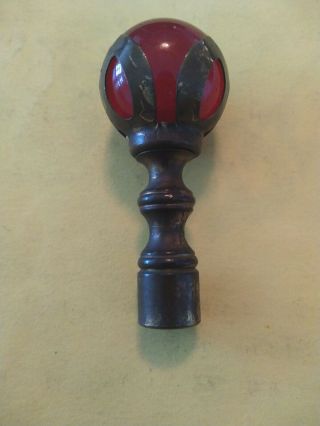 Vintage Antique Red Glass Ball Lamp Finial Brass Metal