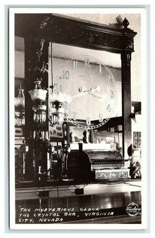 Vintage Postcard Rppc Clock Crystal Bar Virginia City Nevada Frashers Fotos M2