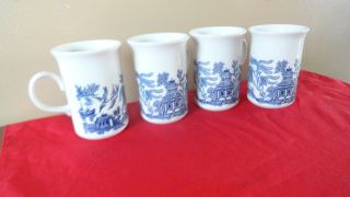 Set Of 4 Blue & White Porcelain Blue Willow Coffee/tea Mugs Cups England