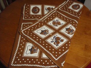Vintage Bark Cloth Panel Tablecloth Brown White Teapots Fruit Chickens 62 " X51 "