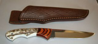 Colt Custom Fixed Blade Wood Stag Horn Knife With Orig Leather Sheath
