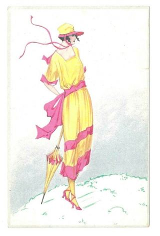 Artist Unsigned Art Deco Woman In Yellow Dress With Parasol Postcard Vtg