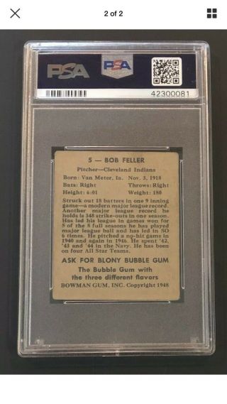 1948 Bowman 5 Bob Feller PSA 2.  5 Rookie Card | Baseball HOF RC | Centered 2