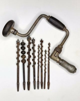 Vintage Millers Falls No.  32 - 10 " Bit Brace - Hand Drill And 8 Auger Bits