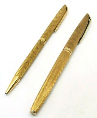 Waterman Cf Rolled Gold Moire Set Ballpoint And Fountain Pen 18k Nib 1950s Rare
