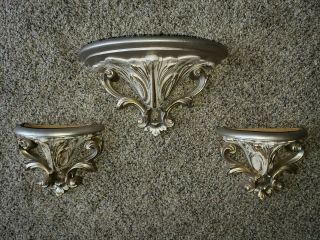 Vintage Pair Pewter & Gold Tone Wall Pockets Planters Home Interiors Wall Decor