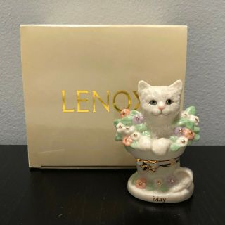 Lenox Porcelain May Cat Kitty In Basket Of Flowers Figurine 2.  75 "