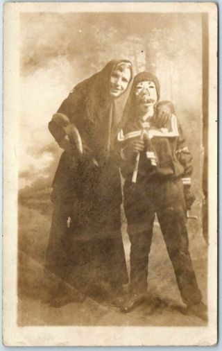Vintage Halloween Photo Rppc Postcard 2 Kids In Costumes - Indianapolis In 1913
