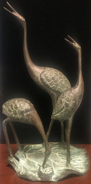 Bronze Cranes Figurine Family Of 3 Grouping Statue Andrea By Sadek 11” Sand Hill