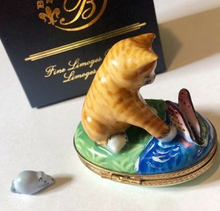 Cute Limoges France RAP Peint Main Cat Kitten Trinket Box w/ Butterfly Mouse 2