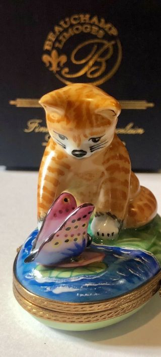 Cute Limoges France RAP Peint Main Cat Kitten Trinket Box w/ Butterfly Mouse 3