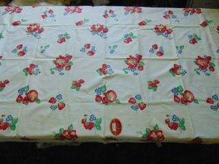 Vintage Cotton Print Tablecloth 1950 ' s STRAWBERRIES & FLOWERS Label 2