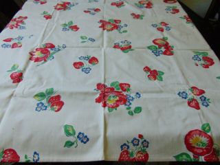 Vintage Cotton Print Tablecloth 1950 ' s STRAWBERRIES & FLOWERS Label 4
