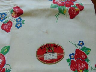 Vintage Cotton Print Tablecloth 1950 ' s STRAWBERRIES & FLOWERS Label 6