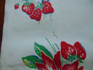 Vintage Cotton Print Tablecloth 1950 ' s STRAWBERRIES & FLOWERS Label 7