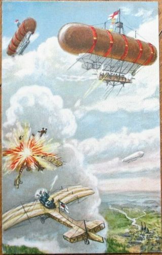 Airship/dirigible 1915 Wwi Aviation Postcard: Shooting Down Airplane - Colorful