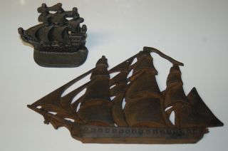 Vintage Cast Iron Sailing Ship Wall Hanging 11 " X 6 3/4 " & Book End 4 " H X 4 " W