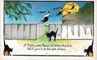 Halloween Party Gibson Black Cats Witches Backlit By Moon Linen 1940