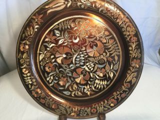 Vintage Etched Engraved Copper Wall Plate Floral Leaf Pattern Rose Gold Tones