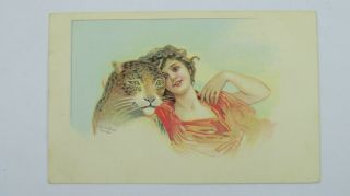 1910s Ww1 Vintage Italian Fantasy Postcard Beauty Woman Glamour Jaguar Big Cat