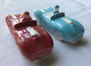 Vintage Ceramic Salt And Pepper Shaker Set Scca Lemans Road Race Cars Made Japan