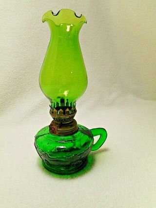 Vintage Decorative Oil Lamp - Green Glass Lamp And Chimney - Hong Kong - Base Embossed