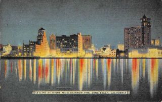 Long Beach,  Ca Skyline At Night From Rainbow Pier Ca 1940s Vintage Postcard