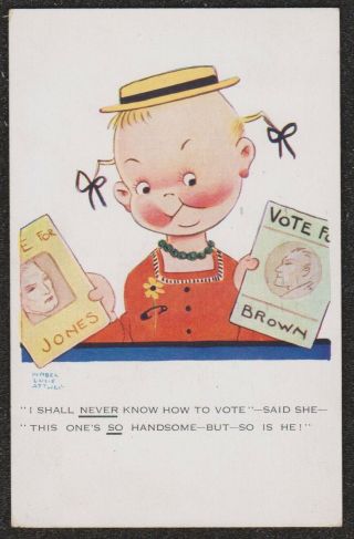 1928 Mabel Lucy Attwell Who To Vote For Political Comic Postcard Children Artist