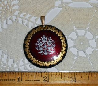 KARIN POHL Hand Painted Circle Pendant White Flower Bouquet Limoges Enamel 2
