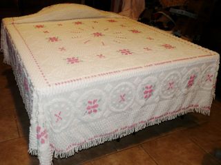 Vtg Chenille Pink Floral - White 100 Cotton 89 " X106 " Full/queen Bedspread Fringe
