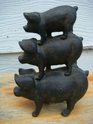 Vintage Cast Iron Metal Doorstop/bookend Three Little Pigs 3 Stacked Pigs