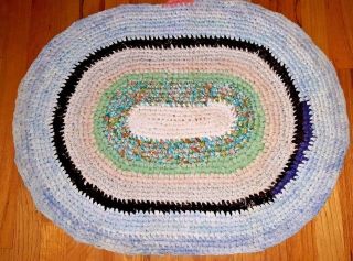 Vintage Hand Crocheted Braided Rag Rug Oval Blue Green White Brown 24 X 30 " (8)