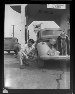 Vtg Photo Film Negative Hollywood La Calif Mobil Oil Gas Station Attendant Signs