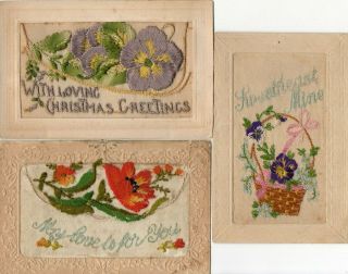 3x Ww1 Embroidered Silk Greetings Postcards