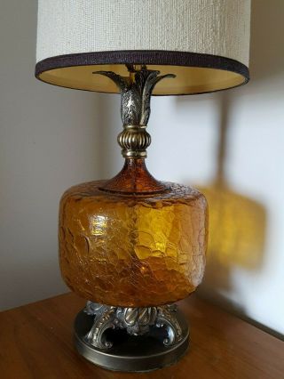 Vtg Mid Century Modern Amber Optic Glass & Brass Hollywood Table Lamp No Shade