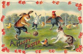 Antique Easter Fantasy Postcard Dressed Rabbits Play Soccer Or Football - C704