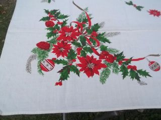 Vintage Christmas Tablecloth Shiny Brite Ornaments Poinsettia Holly Print Tc40