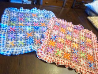 2 Vintage Red /blue Check Handmade Pillow Covers W/embroidered Squares In Center