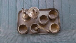 Vintage Set Of Etched Decorative Brass Cups Bell Incense On Tray