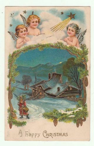 Vintage Early Christmas Postcard Tiny Angels Santa Pine Cones Gold Highlights