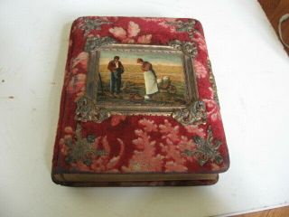 Antique Turn - Of - The - Century Upholstered - Brass Bound Photo Album W 14 Pages