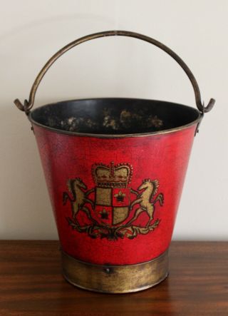 Antiqued Red Metal Fire Bucket British Coat Of Arms Wrought Iron Bale Handle