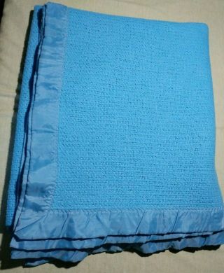 Vtg Waffle Weave Blanket Blue Acrylic Thermal 2 1/4 " Satin Binding Unbranded