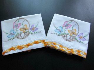 Vintage Hand Embroidered Pillowcases Sweet Butterfly Basket Flowers Standard